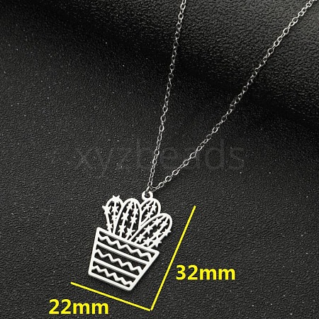304 Stainless Steel Cutout Cactus Potted Plant Pendant Necklaces for Women WGA529A-04-1