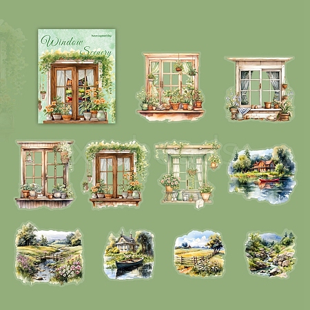 10Pcs 10 Styles Window Scenery Waterproof PET Stickers DIY-G121-01B-1