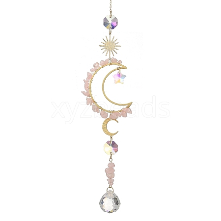 Natural Rose Quartz & Star Glass Beaded Suncatcher with Brass Sun Moon Charm HJEW-JM05016-03-1