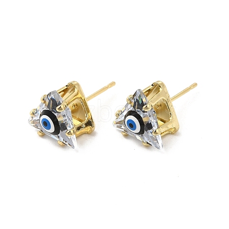 Triangle Glass with Enamel Evil Eye Stud Earrings EJEW-P210-01G-08-1