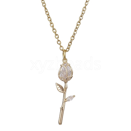 Rose Flower Brass Cubic Zirconia Pendant Necklaces NJEW-JN05055-02-1