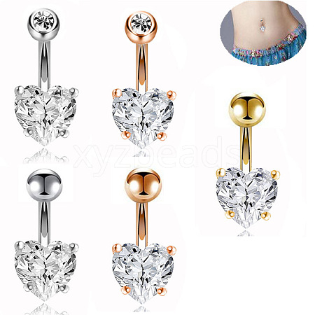 304 Stainless Steel Clear Cubic Zirconia Heart Curved Barbell Belly Rings WG52F32-02-1