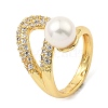 Cubic Zirconia Hollow Teardrop Open Cuff Ring with Plastic Imitation Pearl Beaded RJEW-G294-03G-1