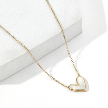 Natural Shell Heart Pendant Necklace with 201 Stainless Steel Cable Chains NJEW-D055-04G