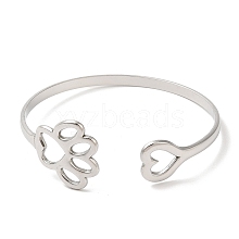 Non-Tarnish Hollow Dog Paw Print & Heart 304 Stainless Steel Cuff Bangles for Women BJEW-L682-015P