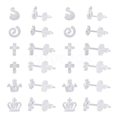 60 Sets 6 Style Crown & Cross & Swan & Vortex Transparent Resin Stud Earrings for Women EJEW-BG0001-02-1