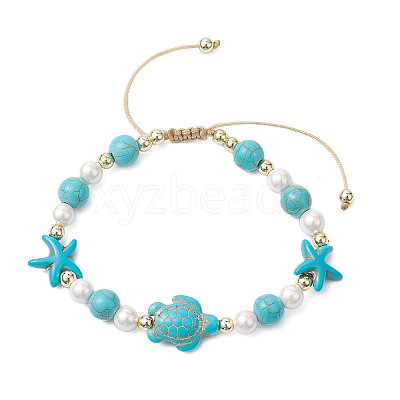 Starfish & Turtle Synthetic Turquoise Braided Bead Bracelets BJEW-JB11047-01-1