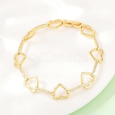 Heart Brass Micro Pave Clear Cubic Zirconia Link Chain Bracelets for Women BJEW-T025-01G-1