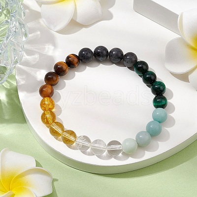 Natural Quartz Crystal & Amazonite & Tiger Eye & Larvikite Beaded Stretch Bracelets for Women Men BJEW-TA00551-1