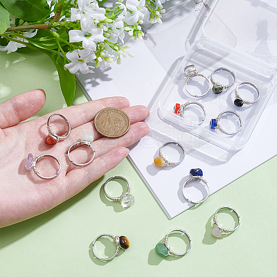 14Pcs 14 Styles 304 Stainless Steel & Gemstone Chip & Evil Eye Resin Finger Rings NJEW-WR00012-1