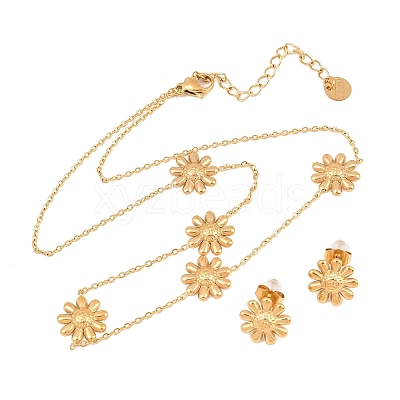 304 Stainless Steel Flower Link Chain Necklaces & Stud Earrings SJEW-Z005-01G-1