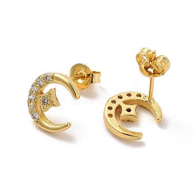 Clear Cubic Zirconia Moon with Star Stud Earrings EJEW-F301-07-1