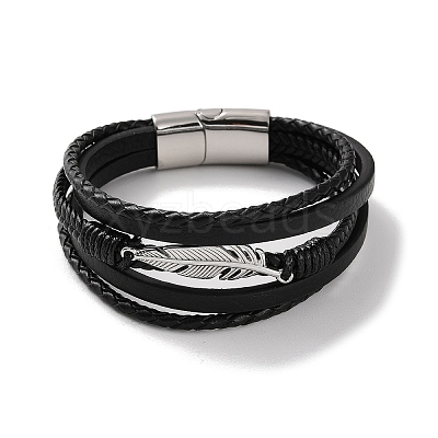 Men's Braided Black PU Leather Cord Multi-Strand Bracelets BJEW-K243-21P-1