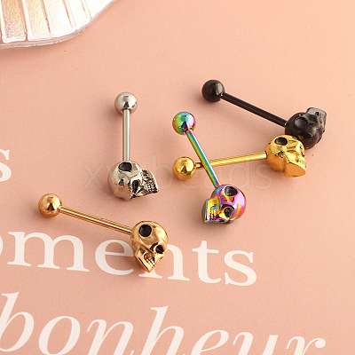 Skull 304 Stainless Steel Straight Barbell 15 Gauge Piercing Tongue Rings for Women Men FS-WG07D05-04-1