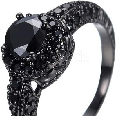 Flat Round Brass Jet Rhinestone Finger Rings FS-WG232E0-03-1