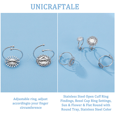 4Pcs 4 Styles 304 Stainless Steel Open Cuff Ring Findings STAS-UN0049-03-1