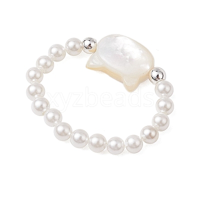 Cat Shaped Natural White Shell Beaded Stretch Finger Rings RJEW-TA00175-1