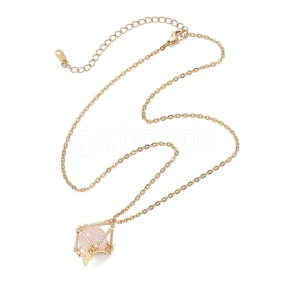 Brass Macrame Pouch Natural Rose Quartz Inside & 304 Stainless Steel Pendant Necklaces for Women NJEW-JN05607-02-1