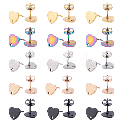 30Pcs 5 Colors Ion Plating(IP) Heart Shape 304 Stainless Steel Stud Earring Findings EJEW-DC0001-01-1