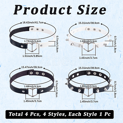 4Pcs 4 Styles Adjustable Gothic PU Leather Alloy Heart Spike Rivet Choker Necklaces for Women NJEW-CL0001-18-1
