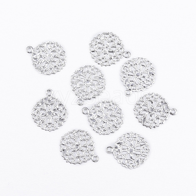Flat Round Brass Flower Filigree Findings Charms Pendants X-KK-O015-05S-1