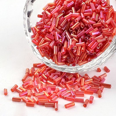 Tube Transparent Colours Rainbow Plated Glass Bugle Beads X-SEED-I001-165-1