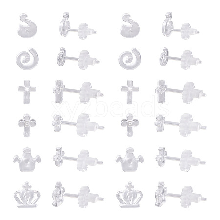 60 Sets 6 Style Crown & Cross & Swan & Vortex Transparent Resin Stud Earrings for Women EJEW-BG0001-02-1