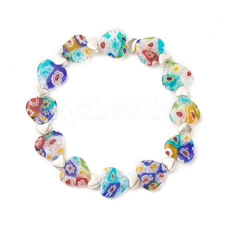 Handmade Millefiori Lampwork & Alloy Heart Beaded Stretch Bracelet BJEW-JB08042-03-1