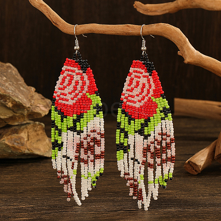 Bohemian Style Floral Glass Bead Handwoven Dangle Earrings for Vacation and Daily LU6885-1