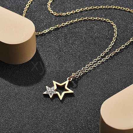 304 Stainless Steel Crystal Rhinestone Double Star Pendant Cable Chain Necklaces NJEW-Z056-02A-G-1