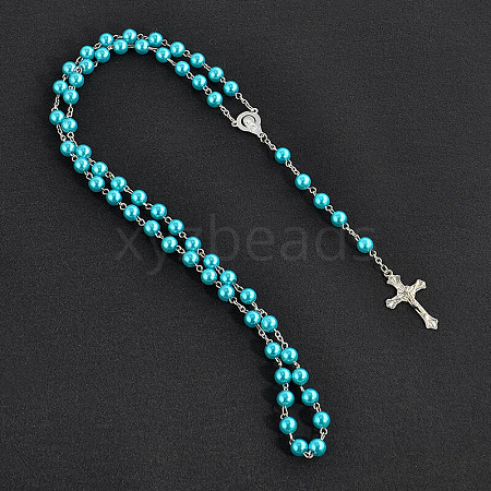 Long Handmade Imitation Pearl Cross Pendant Lariat Necklace Unisex Tassel Sweater Chain Necklaces FZ4072-3-1