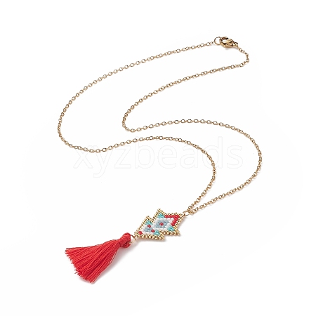 Glass Seed Braided Arrow with Tassel Pendant Necklace NJEW-MZ00010-1