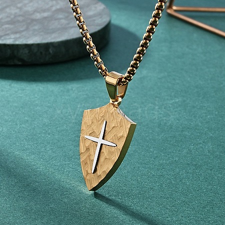 Duo Tone 304 Stainless Steel Cross Shield Pendant Necklaces for Men WGF217A-02-1
