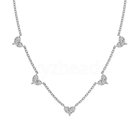 Rhodium Plated 925 Sterling Silver Pave Clear Cubic Zirconia Cable Chain Heart Tassel Necklaces for Women NJEW-Q342-15P-1