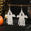 White Ghost Pattern Glass Bead Tassel Earrings for Halloween Style WX3074-1