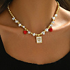 Elegant Brass & Imitation Pearl Heart Square Bib Necklaces for Women YJ5176-2