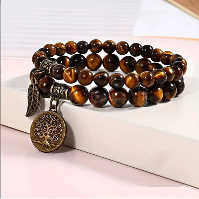 2Pcs Natural Tiger Eye Round Beads Stretch Bracelets FS-WG435B7-17-1