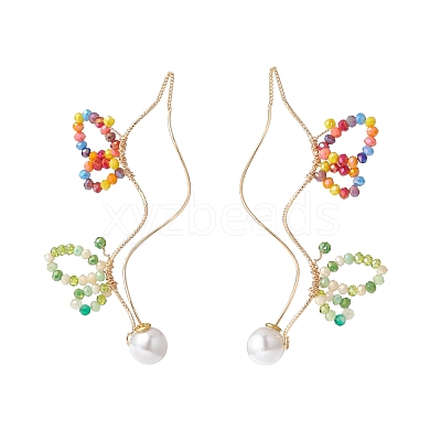 Glass Beaded Butterfly Cuff Earrings with Acrylic Pearl EJEW-JE04828-1