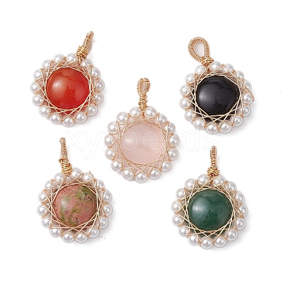 Copper Wire Wrapped Natural Black Agate/Green Aventurine/Rose Quartz/Unakite/Carnelian Pendants PALLOY-JF02891-1