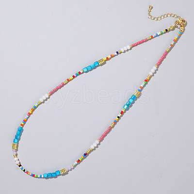 Ethnic Style Rainbow Color Square Natural Shell & Glass & Glass Seed Beaded Necklaces for Women RH4254-1-1