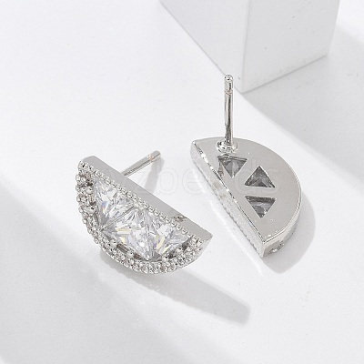 Half Round Brass Micro Pave Clear Cubic Zirconia Stud Earrings EJEW-M077-08P-1