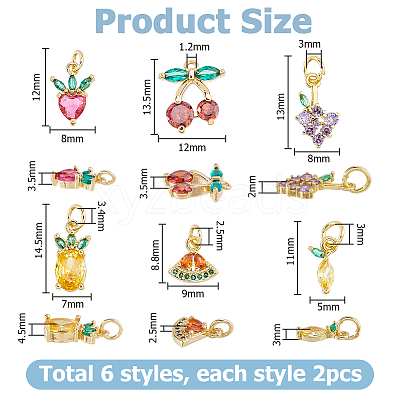 12Pcs 6 Styles Brass Micro Pave Gold Cubic Zirconia Charms ZIRC-HS0001-25A-NF-1