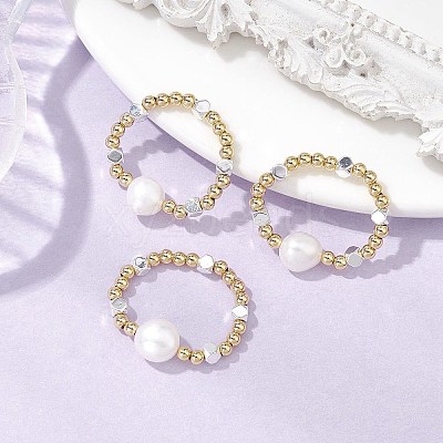 Brass Beads & Synthetic Hematite Beads Elastic Rings for Women RJEW-JR00806-1