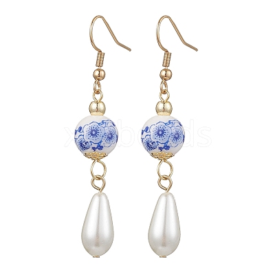 Round with Flower Pattern Porcelain Ceramic Dangle Earrings EJEW-JE06347-01-1