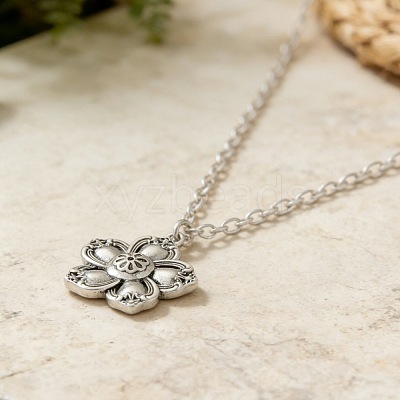 Vintage Alloy 5-Petal Flower Pendant 2-Strand Cable Chain Necklaces for Women WGE0472-01-1