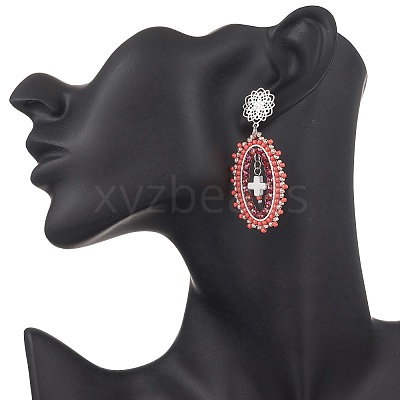 Cross Oval Glass Seed Bead Woven Stud Earrings EJEW-MZ00595-01-1