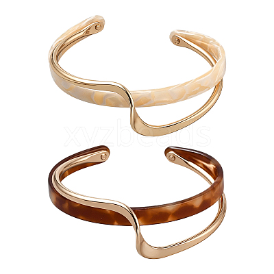 2Pcs 2 Colors Brass Resin Cuff Bracelets for Women BJEW-GO0002-12-1