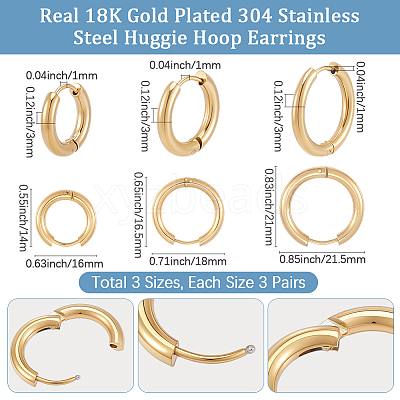 9 Pairs 3 Styles 304 Stainless Steel Huggie Hoop Earrings EJEW-BBC0002-31-1