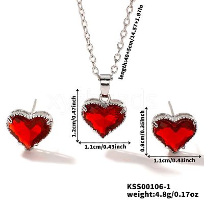 Brass Glass Heart Stud Earrings & Pendant Necklaces Sets for Women MH6858-1-1