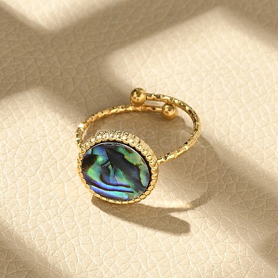 Flat Round 304 Stainless Steel Paua Shell Cuff Rings for Women X-RJEW-G346-10G-01-1